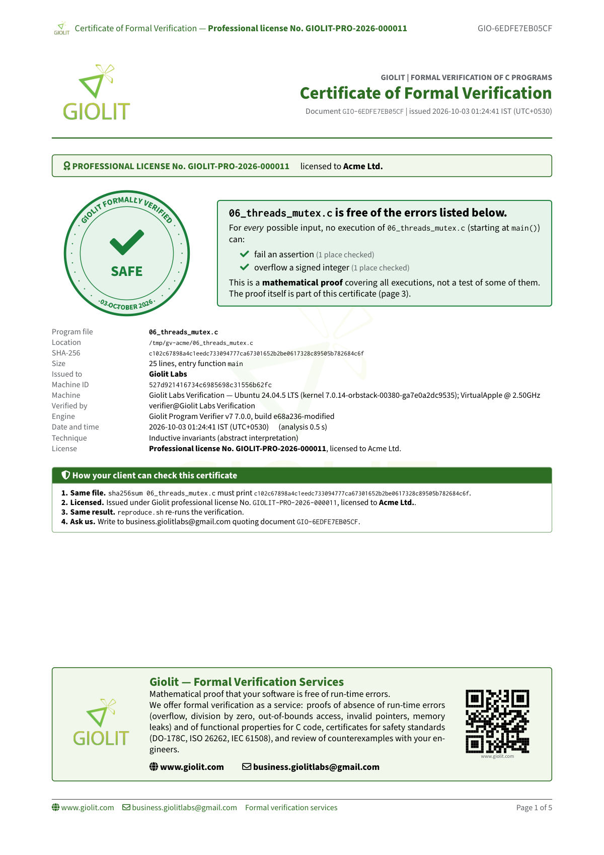 Certificate of formal verification — concurrent C program 06_threads_mutex.c with mutex, both checks proven in 0.5s