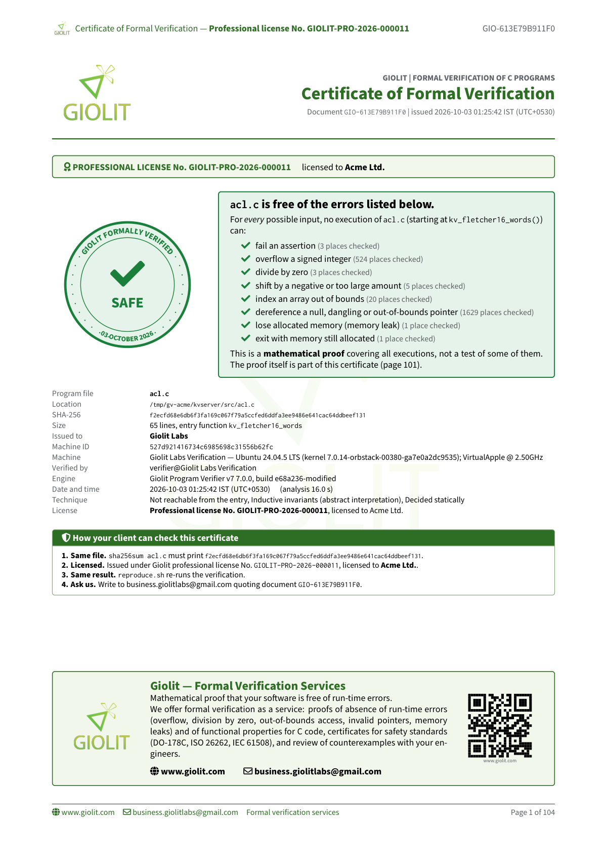 Certificate of formal verification — kvserver project, 35 files and 4870 lines linked end-to-end, entry kv_fletcher16_words with 9 checks proven in 16s