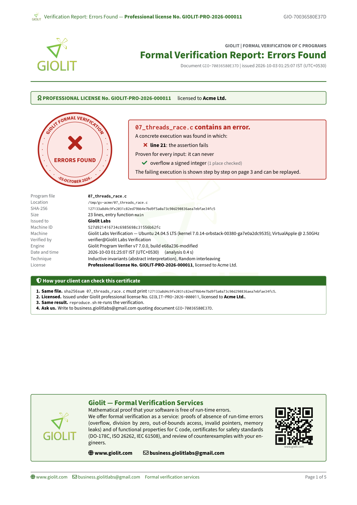 Verification report showing a data race found in 07_threads_race.c, with the failing thread interleaving as evidence, 0.3s