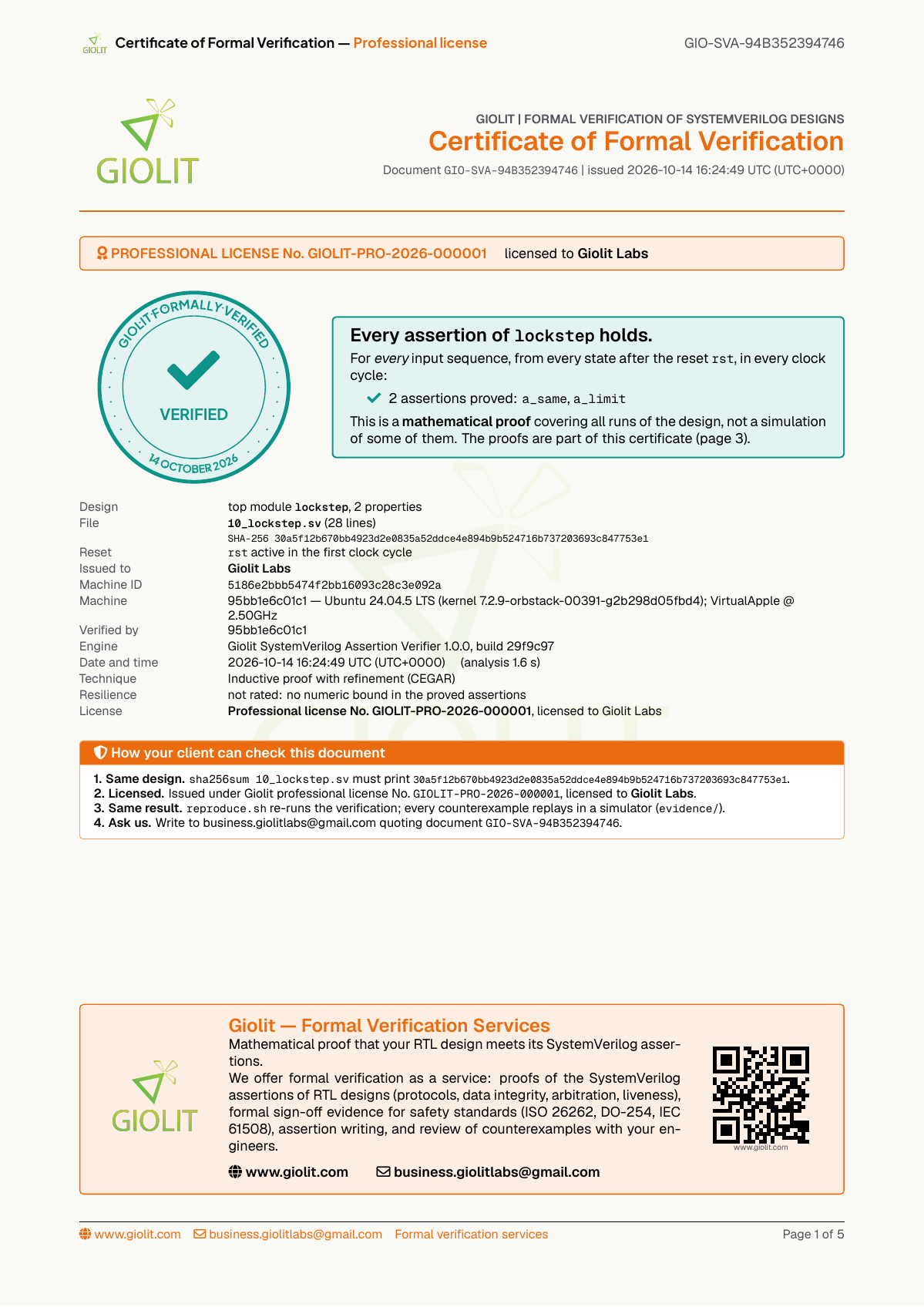 SVA proof certificate — 24-bit lockstep counter pair proved with a 3-case inductive invariant
