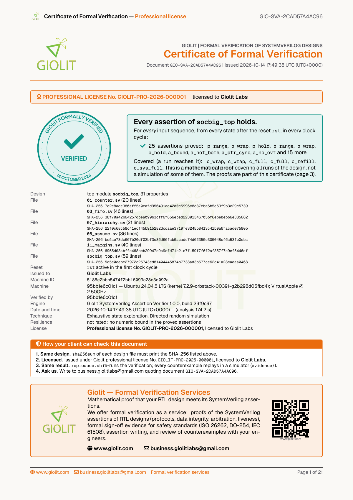 SVA project certificate — 7-file SoC integration, 25 assertions proved and 6 covered